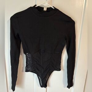 Black Long Sleeve Bodysuit with Lace Detail